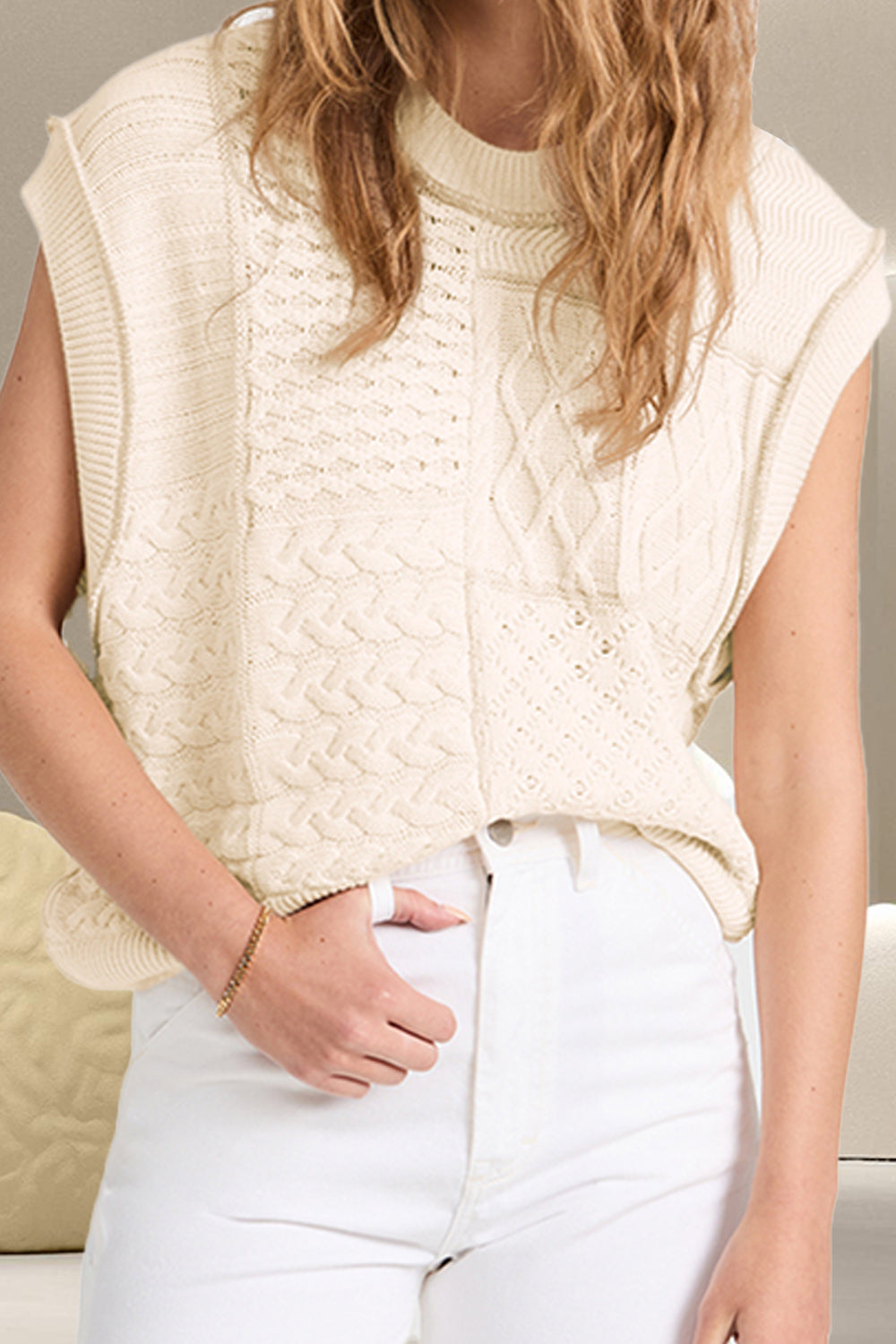 Cable-Knit Round Neck Sweater Vest Ivory