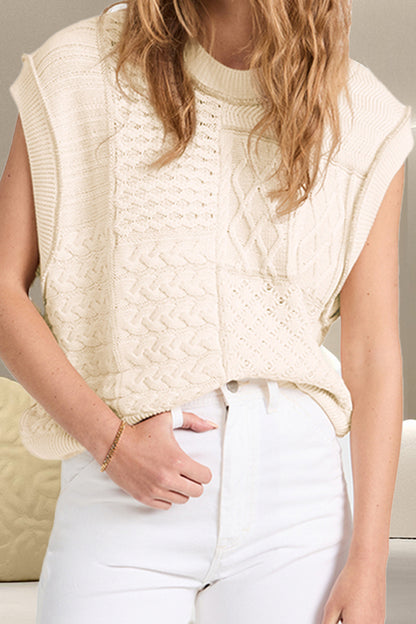 Cable-Knit Round Neck Sweater Vest Ivory