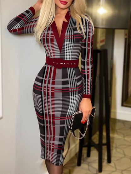 Printed Notched Long Sleeve Wrap Dress Burgundy