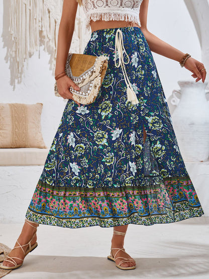 Tied Printed Midi Skirt Peacock Blue