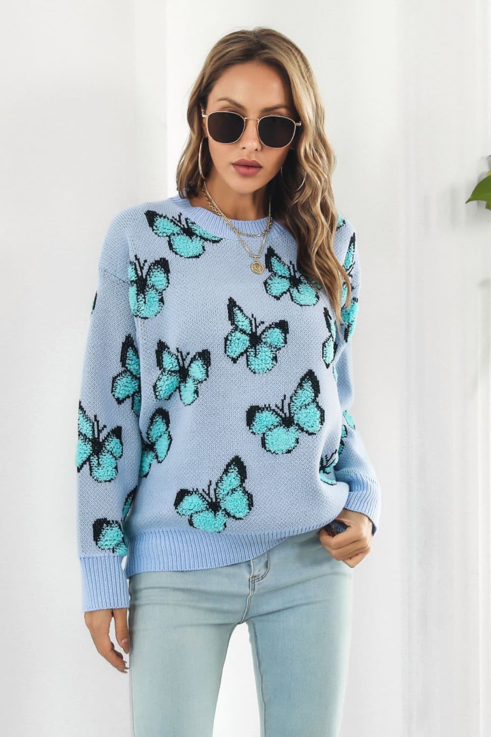 Butterfly Pattern Round Neck Dropped Shoulder Sweater Pastel Blue