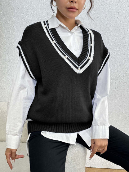 Pearl Trim Contrast V-Neck Sweater Vest