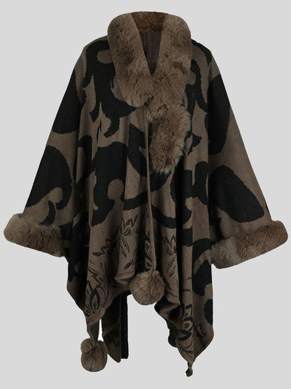 Faux Fur Trim Poncho Taupe One Size