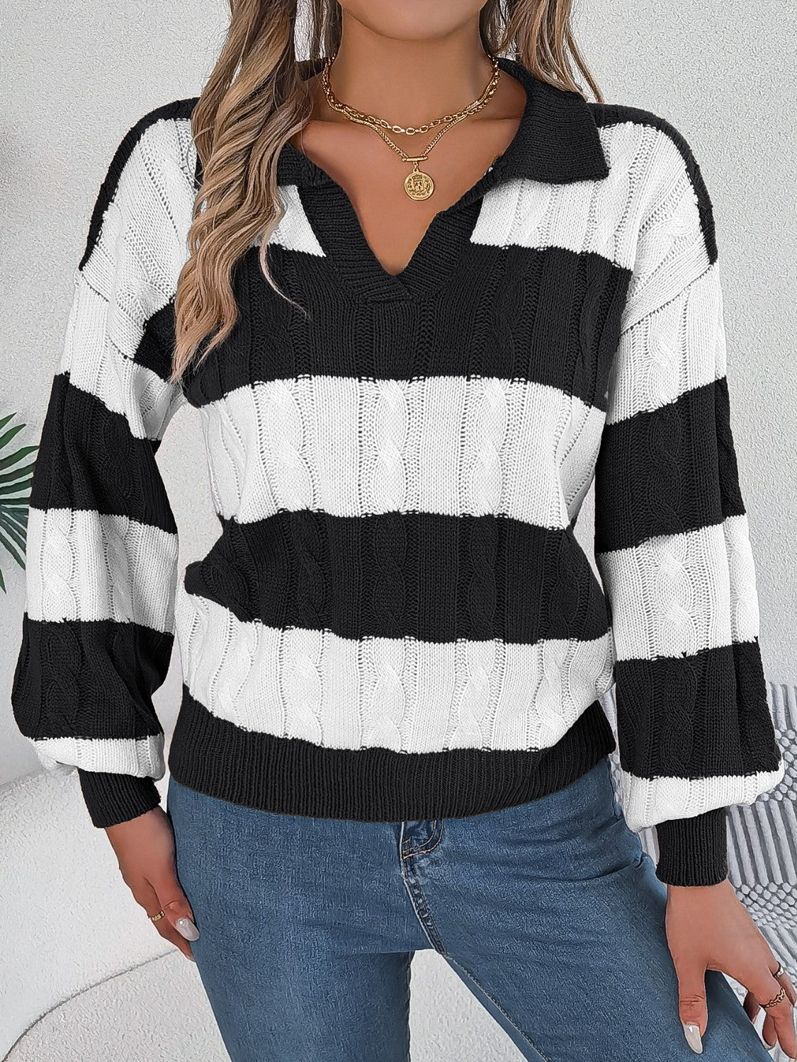 Cable-Knit Striped Long Sleeve Sweater