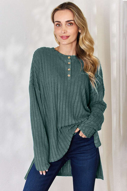 Basic Bae Full Size Ribbed Half Button Long Sleeve High-Low T-Shirt Light Green