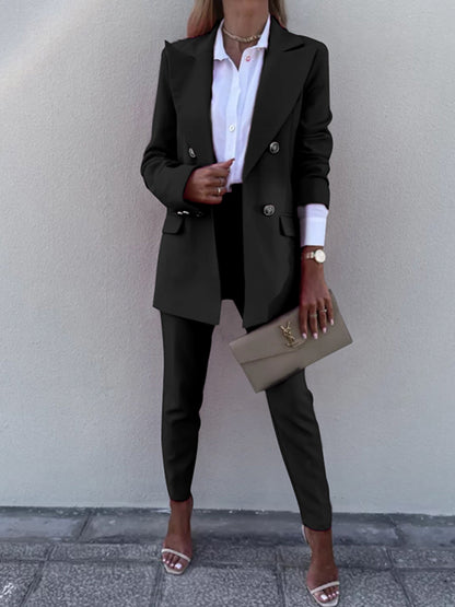 Lapel Collar Long Sleeve Blazer and Pants Set Black