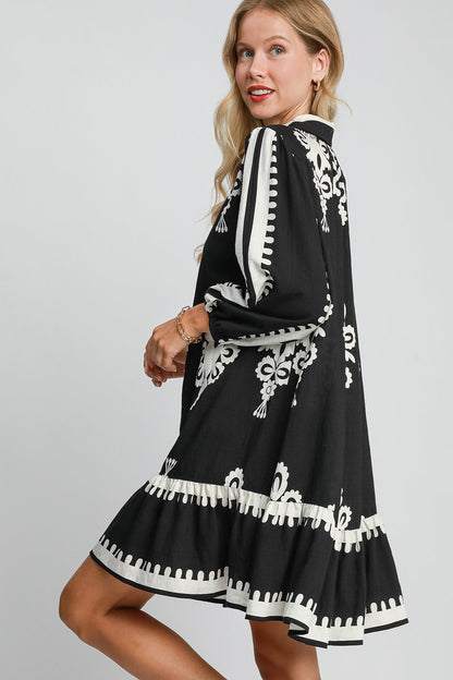 Umgee Border Print Button Down Ruffled Hem Dress