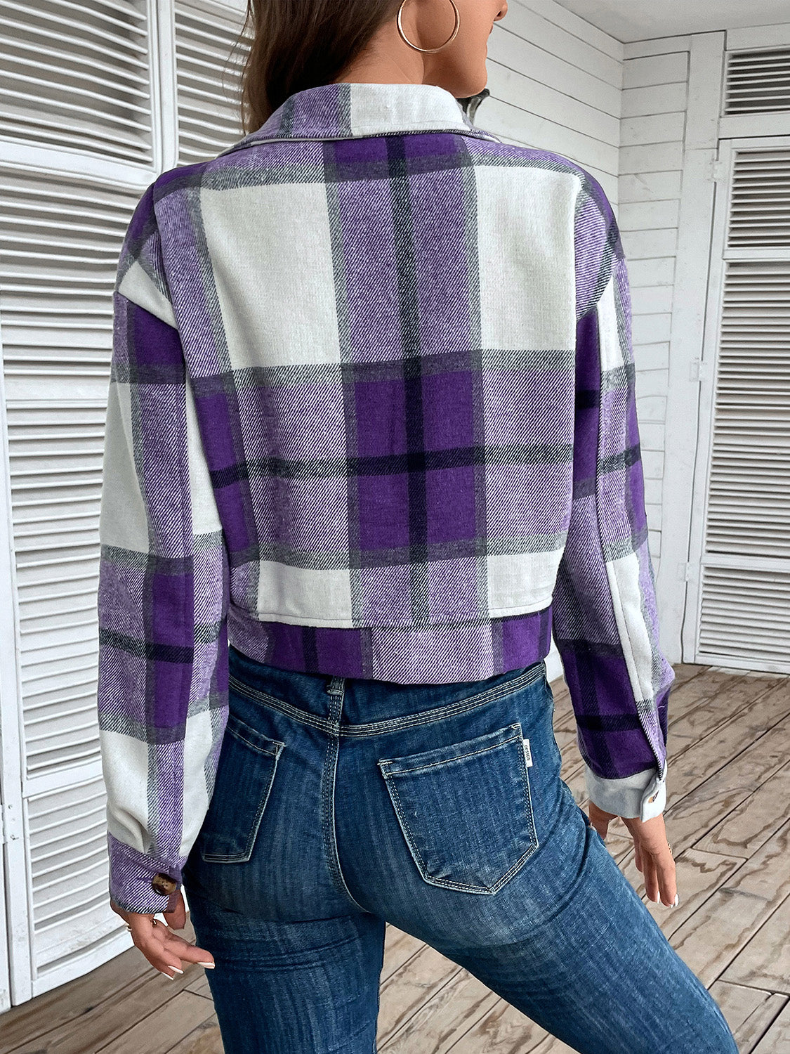 Plaid Button Up Drop Shoulder Cropped Jacket - Thandynie