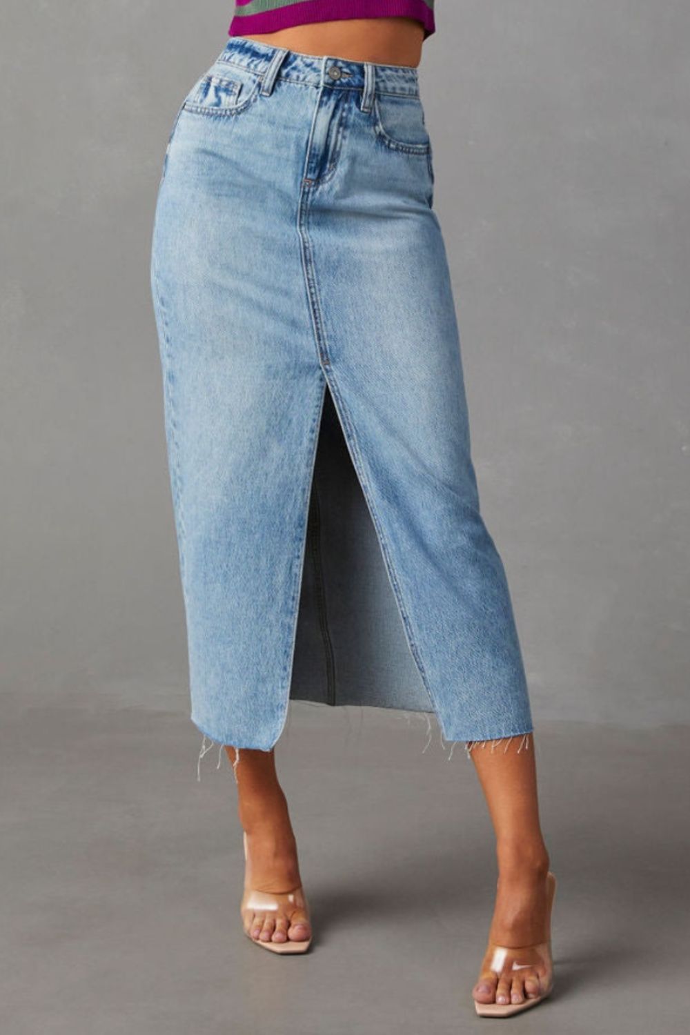 Slit Raw Hem Midi Denim Skirt Light Blue