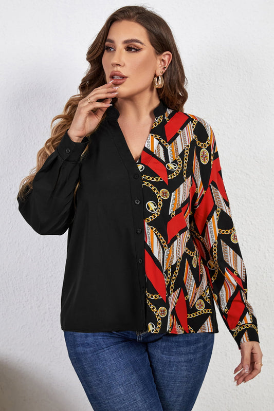 Melo Apparel Plus Size Contrast Color Notched Neck Shirt Black