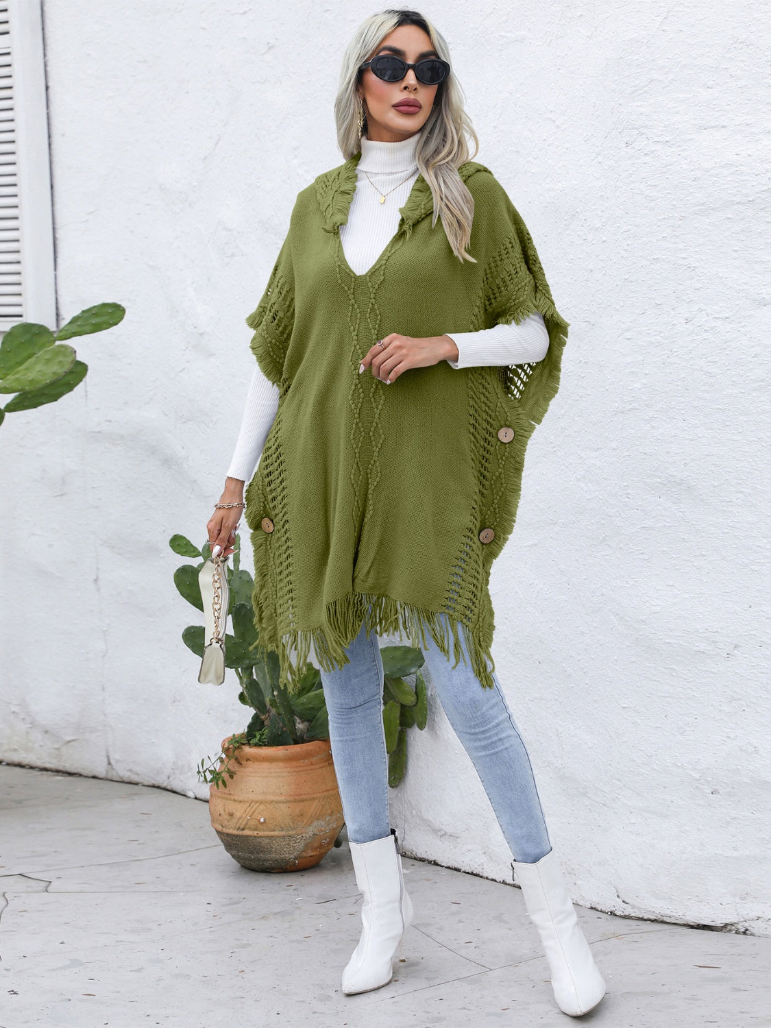 Fringe Trim Buttoned Hooded Poncho Matcha Green One Size