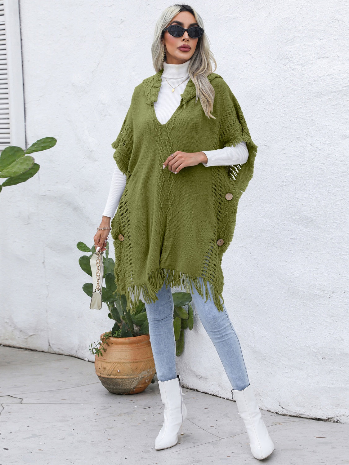 Fringe Trim Buttoned Hooded Poncho - Thandynie