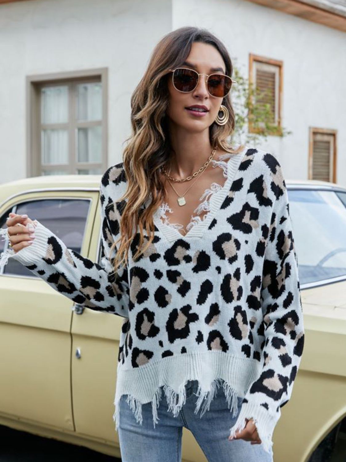 Animal Print Distressed V-Neck Drop Shoulder Sweater White