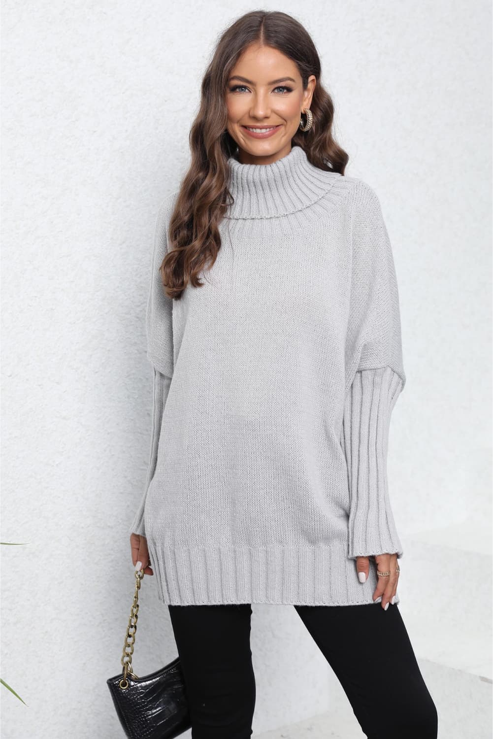 Turtle Neck Long Sleeve Ribbed Sweater Light Gray One Size