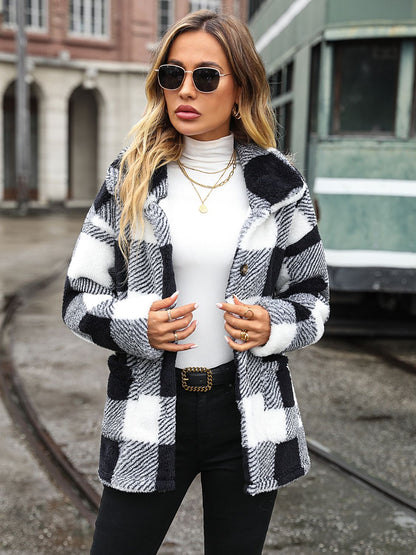 Plaid Collared Neck Button Down Jacket Black