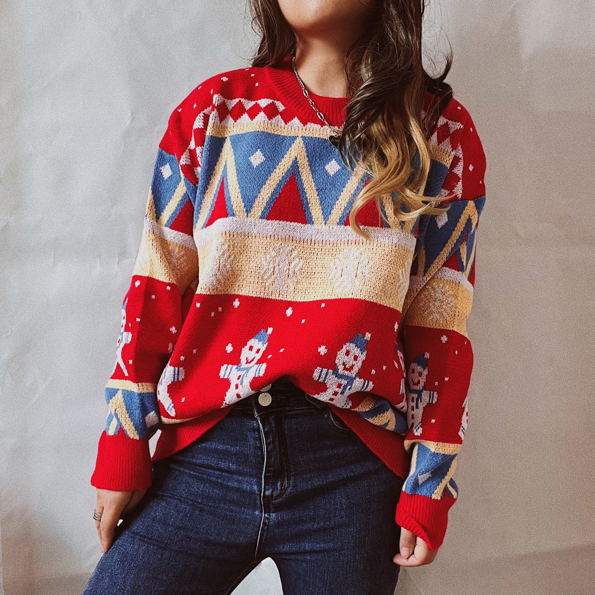 Printed Round Neck Long Sleeve Sweater Red