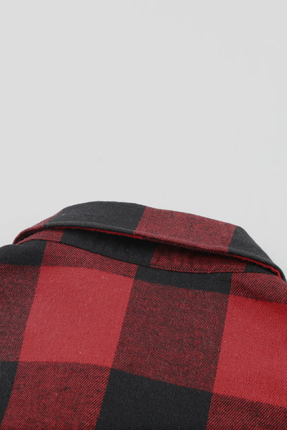 Fiery Red Turn-down Collar Plaid Shirt Coat