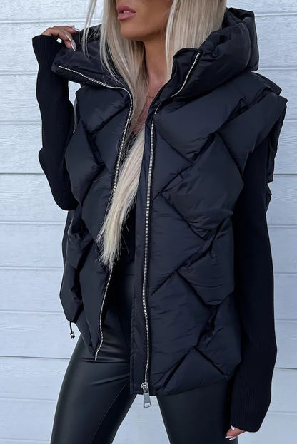 Black Quilted Zipper Front Hooded Vest Coat