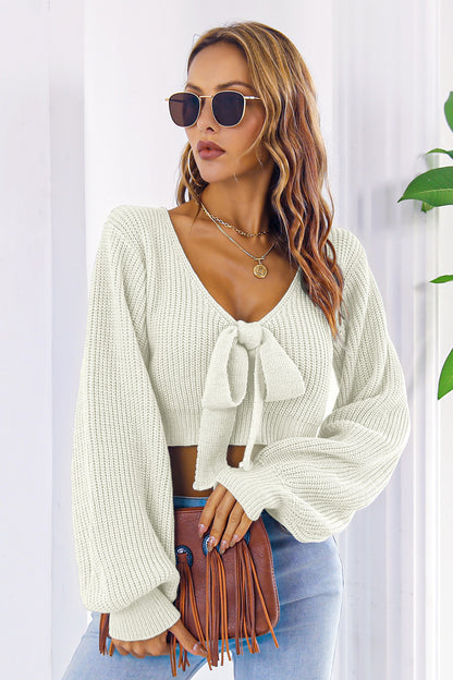 Bow V-Neck Long Sleeve Cropped Sweater