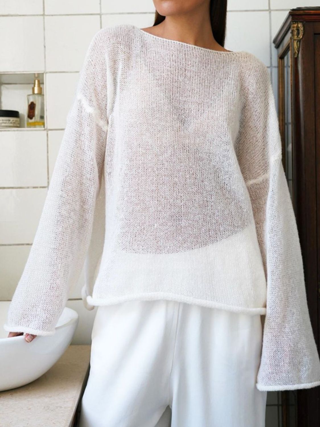 Boat Neck Long Sleeve Knit Cover Up White