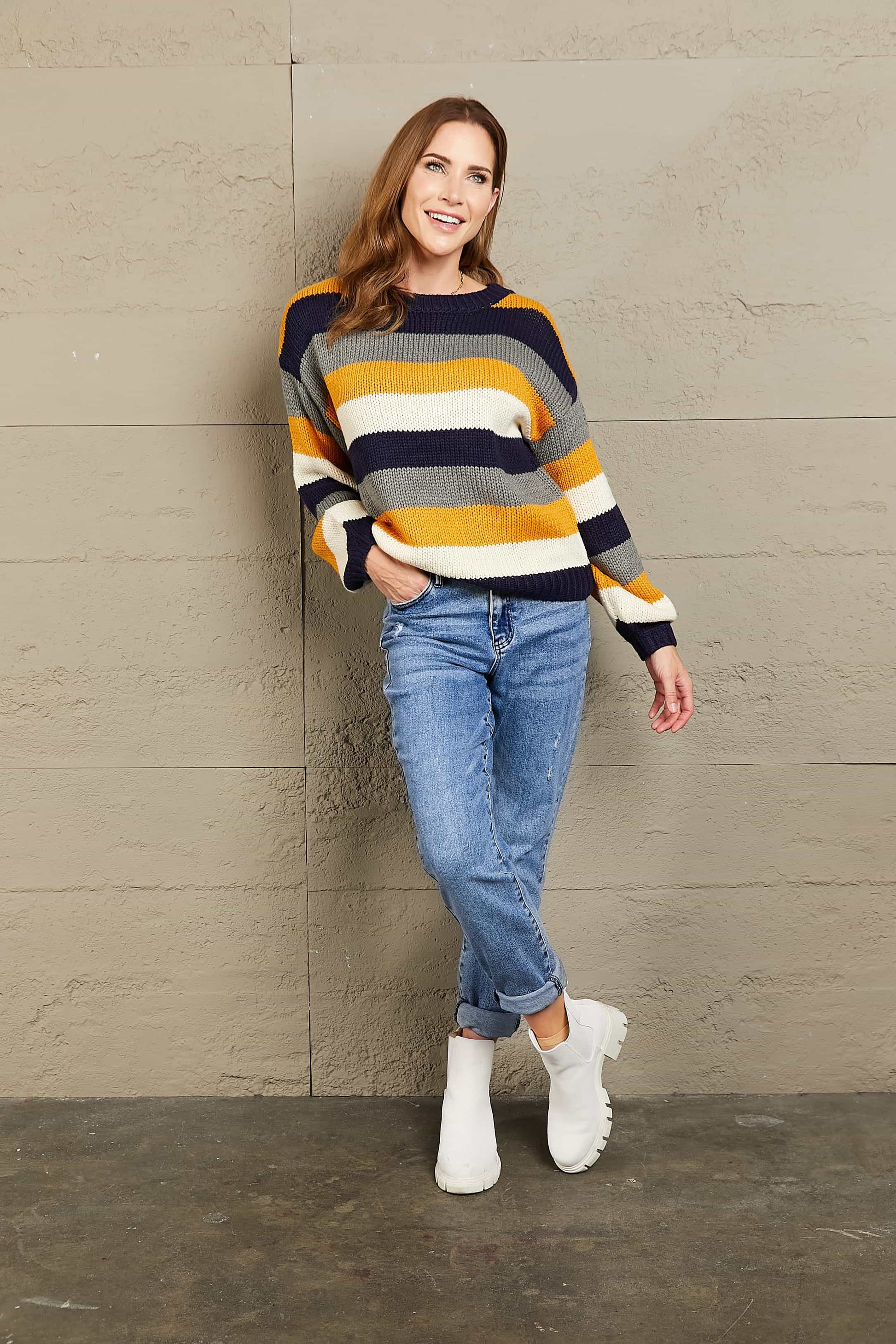 Woven Right Striped Dropped Shoulder Knitted Pullover Sweater