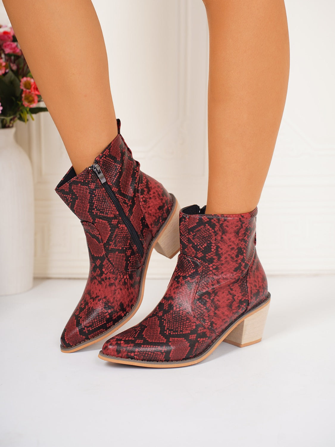 PU Leather Snakeskin Print Block Heel Boots Scarlet