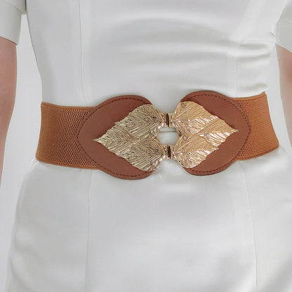 Alloy Leaf Buckle Elastic Belt Caramel One Size