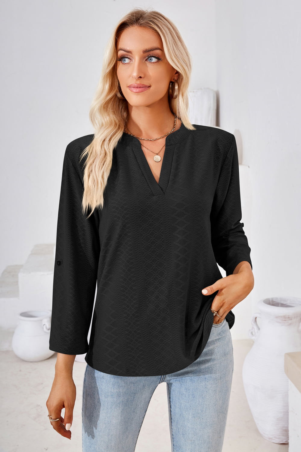 V-Neck Roll-Tap Sleeve Blouse Black