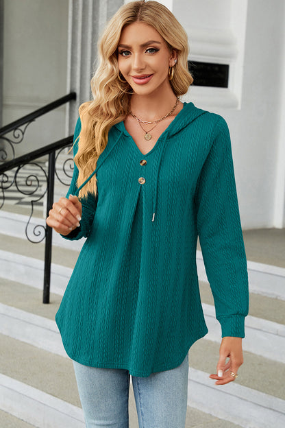 Decorative Button Drawstring Long Sleeve Hoodie Turquoise