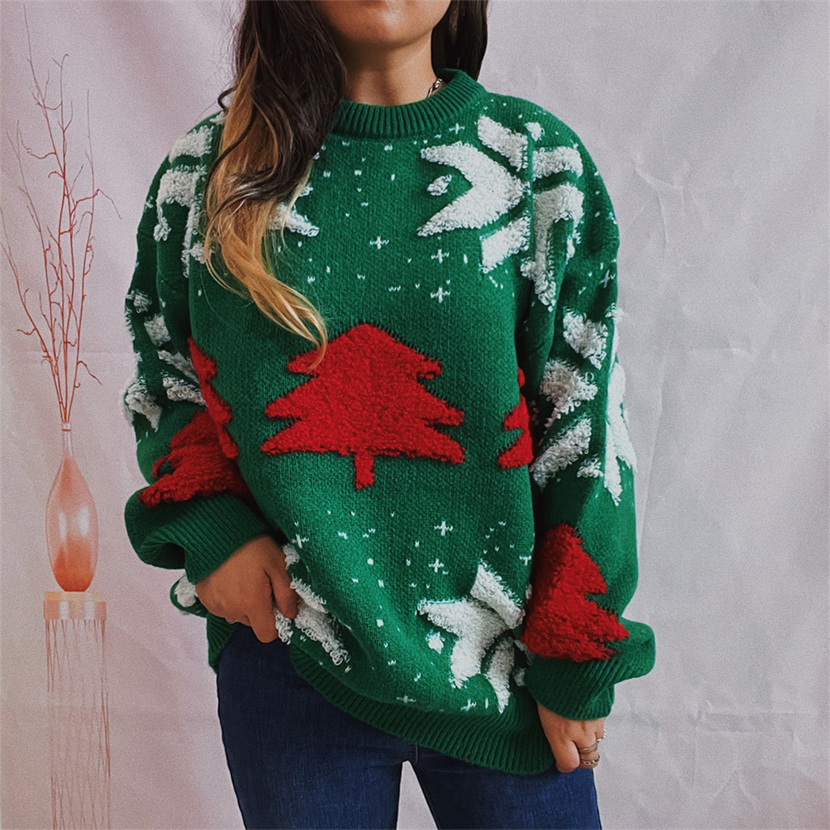 Snowflake Round Neck Long Sleeve Sweater Green