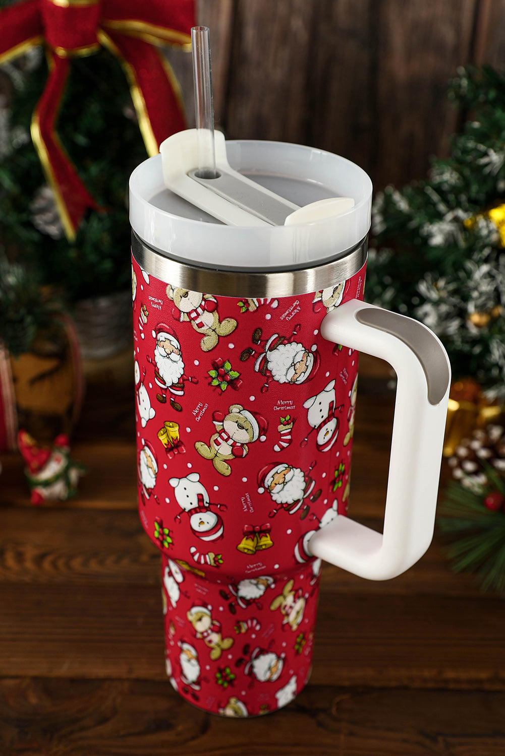 40oz Fiery Red Christmas Print Handled Stainless Steel Tumbler