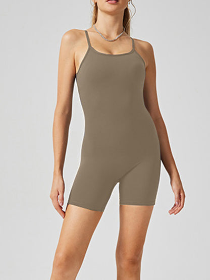 Scoop Neck Spaghetti Strap Active Romper Khaki