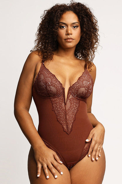 Full Size Lace Detail Sleeveless Shaping Bodysuit Brown