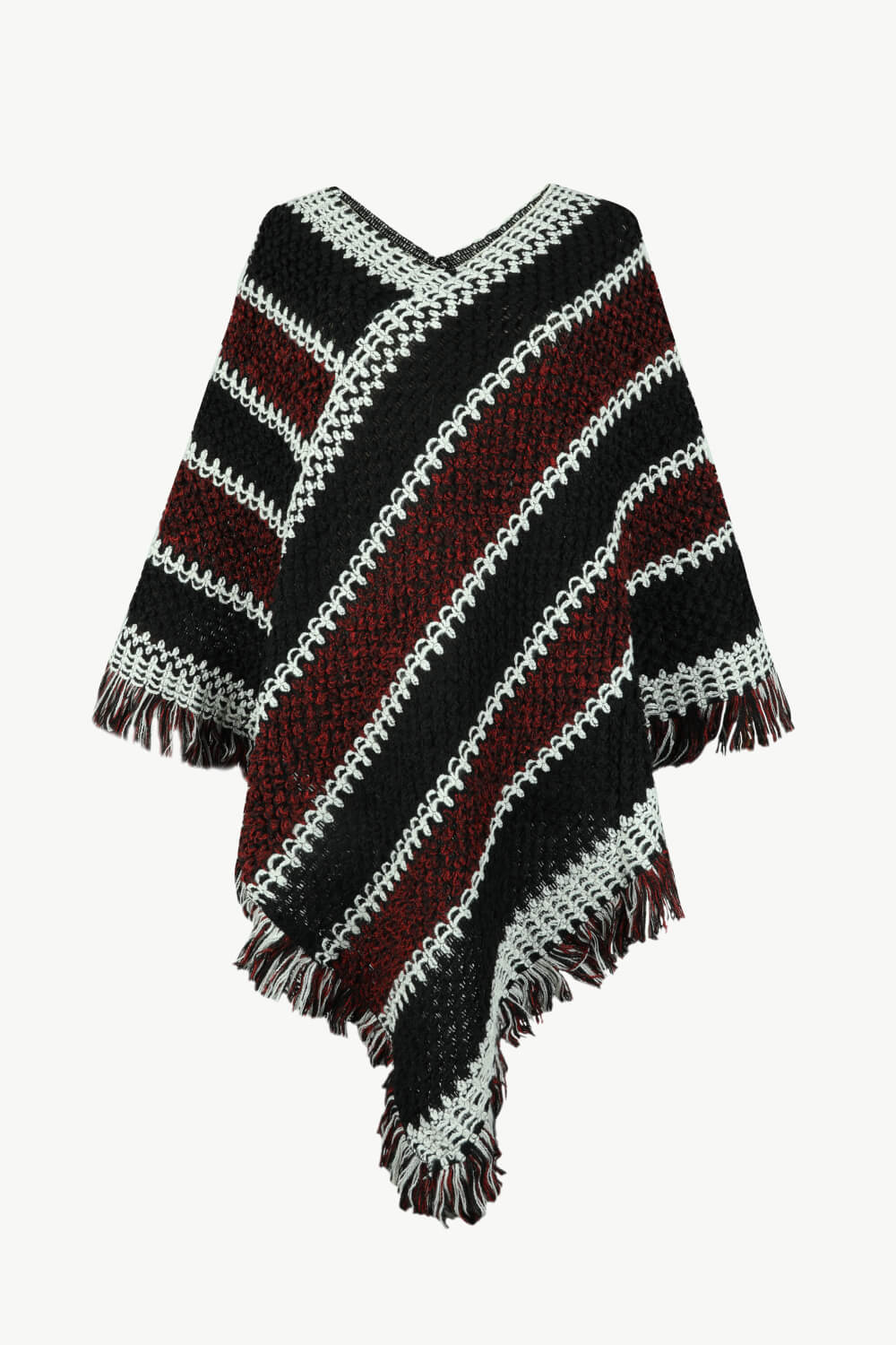 V-Neck Fringe Hem Poncho - Thandynie