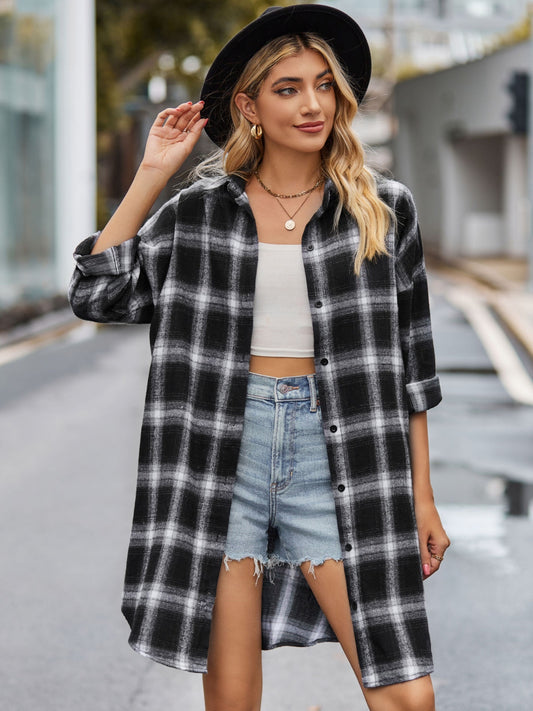 Plaid Button Up Collared Neck Shirt Black