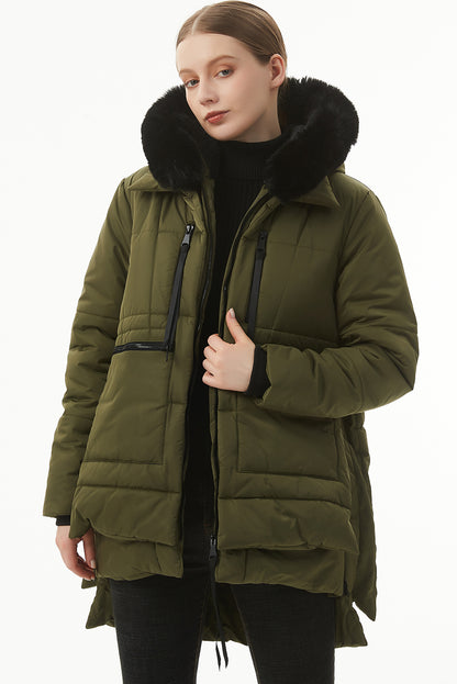 Jungle Green Plush Linen Zip Up Hooded Puffer Coat