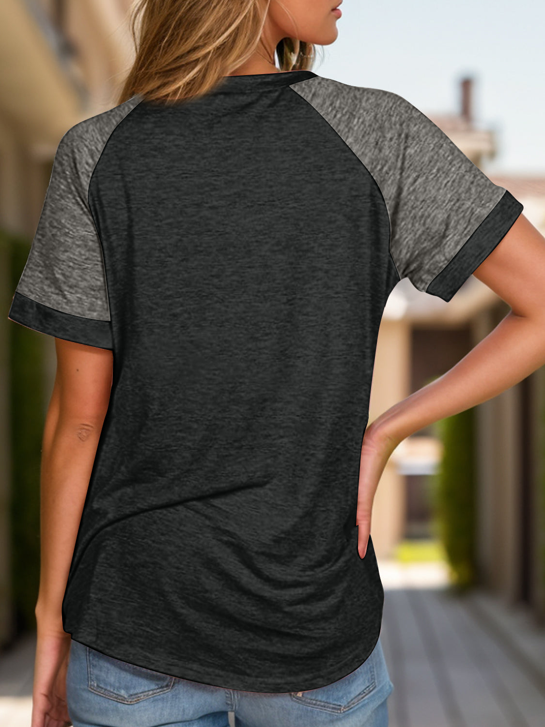 Full Size Contrast Round Neck Short Sleeve T-Shirt Dark Gray