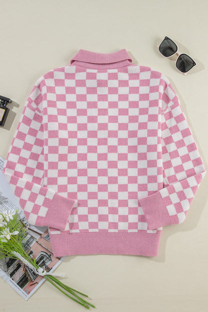 Checkered Collared Neck Dropped Shoulder Sweater