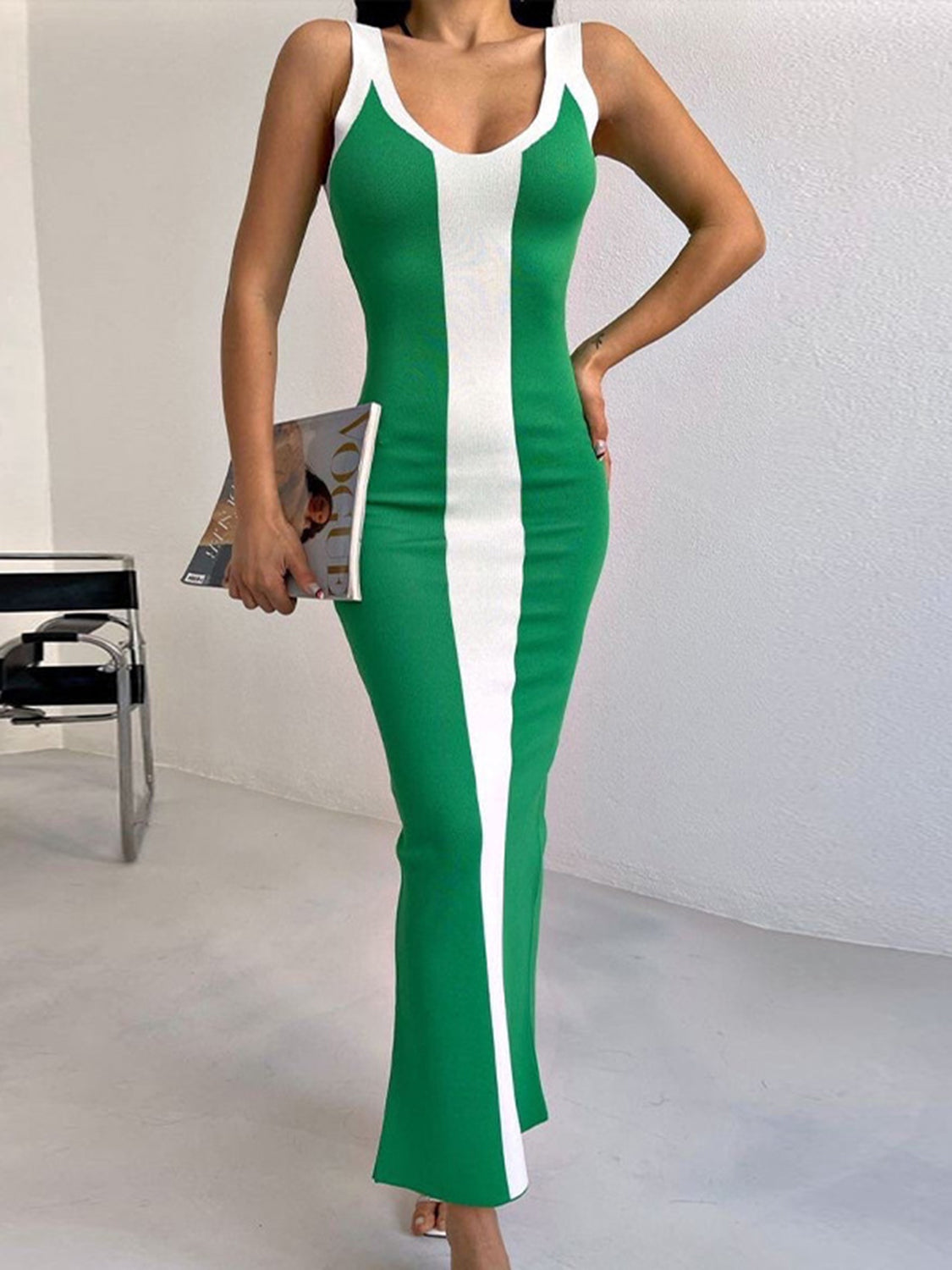 Contrast Wide Strap Slit Midi Dress Mid Green