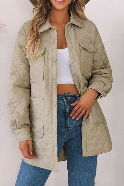 Beige 4 Big Pockets Quilted Button Down Puffer Coat Beige 100%Polyamide