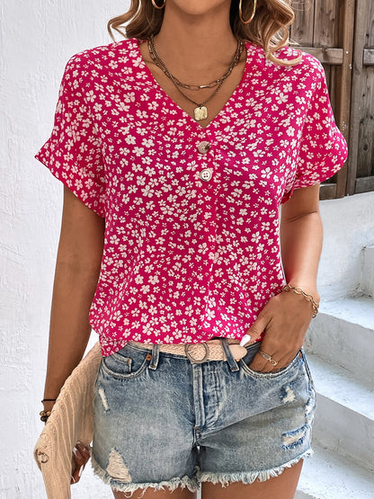 Printed V-Neck Short Sleeve Blouse Deep Rose