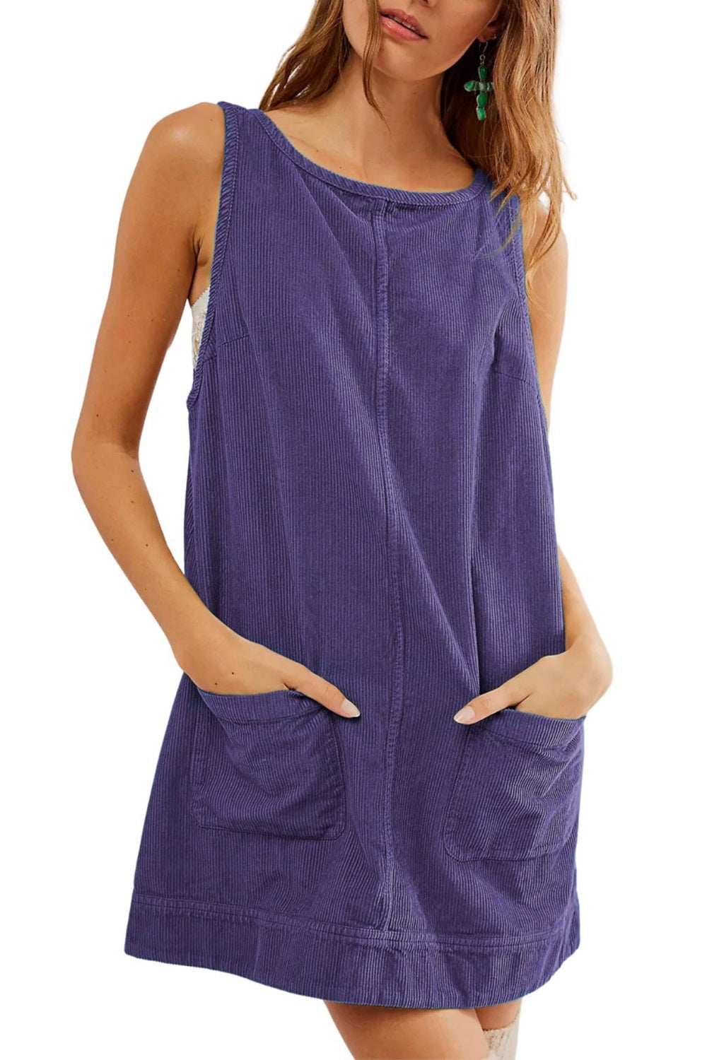 Round Neck Wide Strap Corduroy Mini Dress