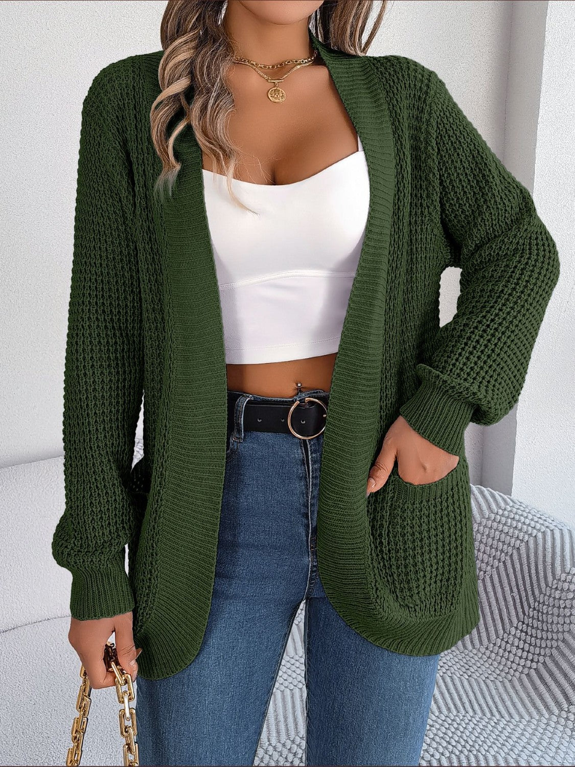 Open Front Long Sleeve Cardigan with Pockets Army Green