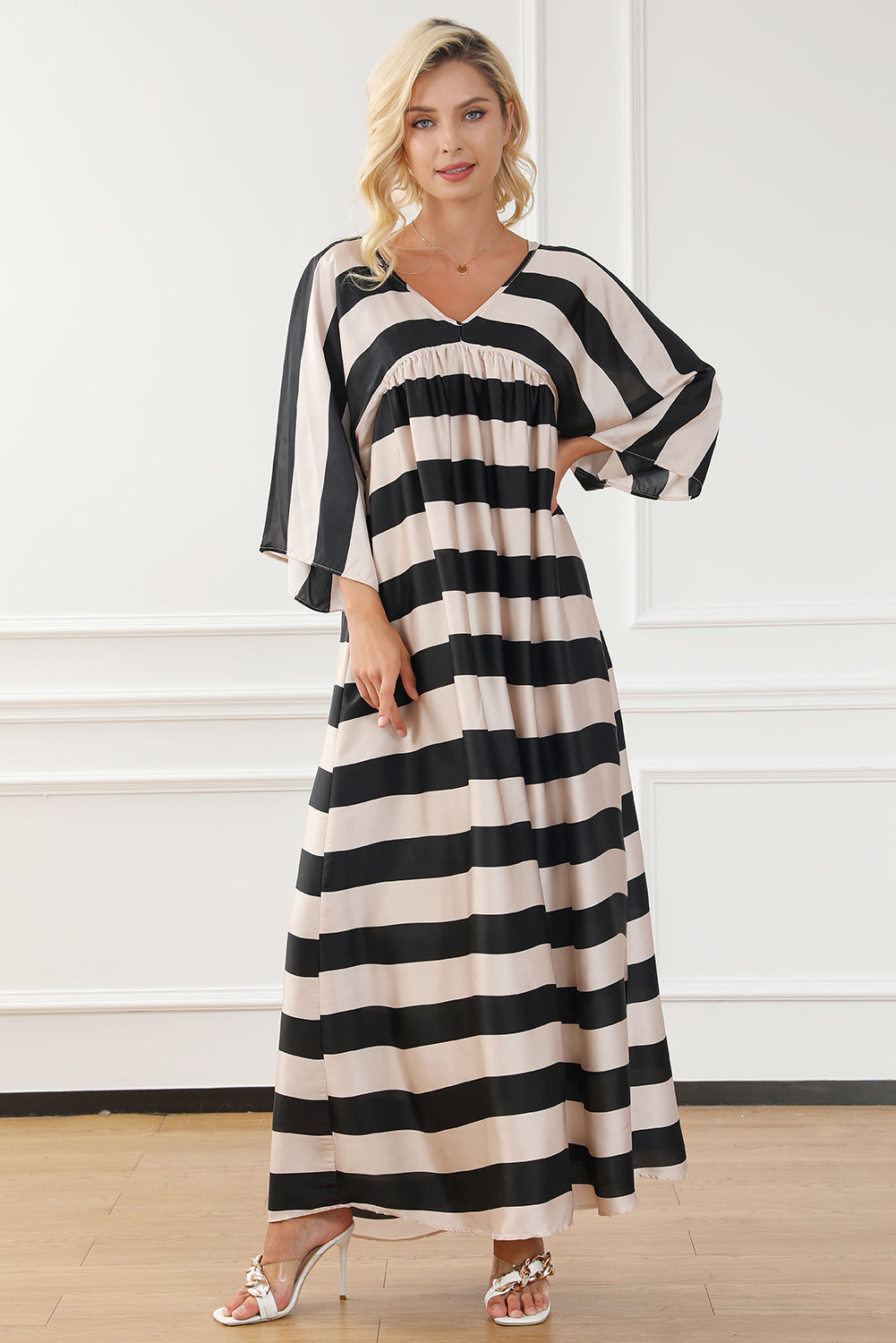 Striped V-Neck Ruched Dress Black