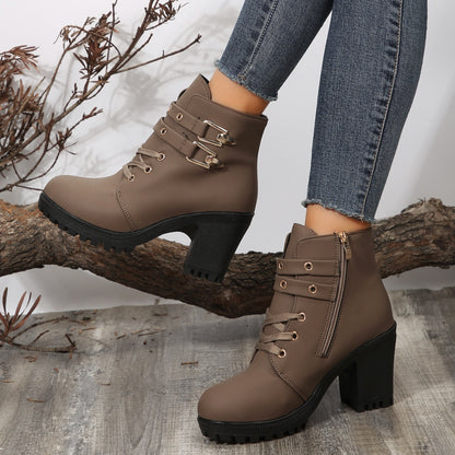 PU Leather Round Toe Block Heel Boots Mocha