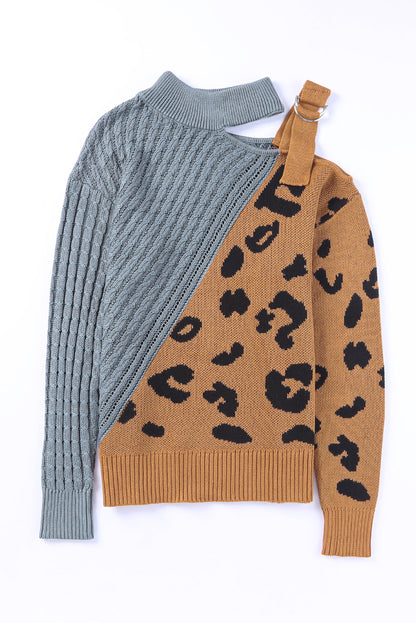 Leopard Block Turtleneck Sweater Cloudy Blue