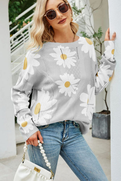 Daisy Print Openwork Round Neck Sweater Light Gray