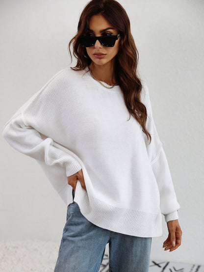 Exposed Seam Dropped Shoulder Slit Sweater White