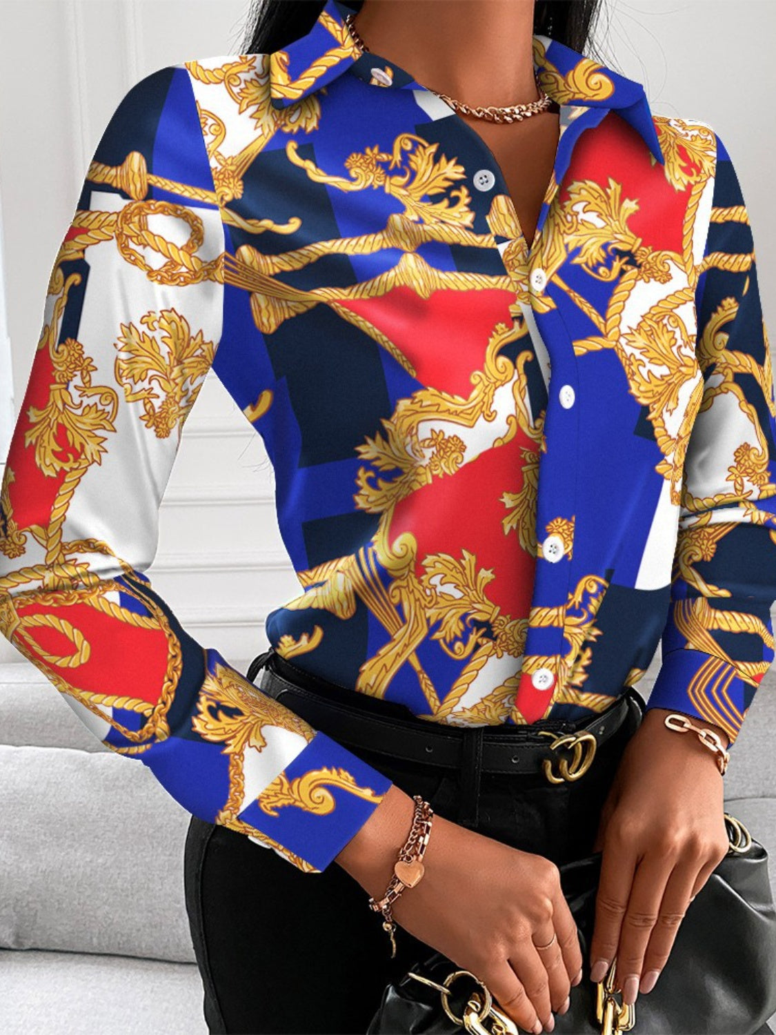 Printed Collared Neck Long Sleeve Shirt