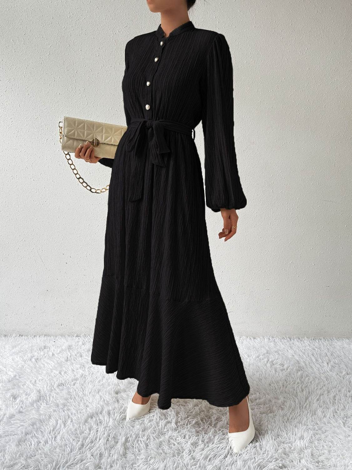 Tie Waist Long Sleeve Dress - Thandynie